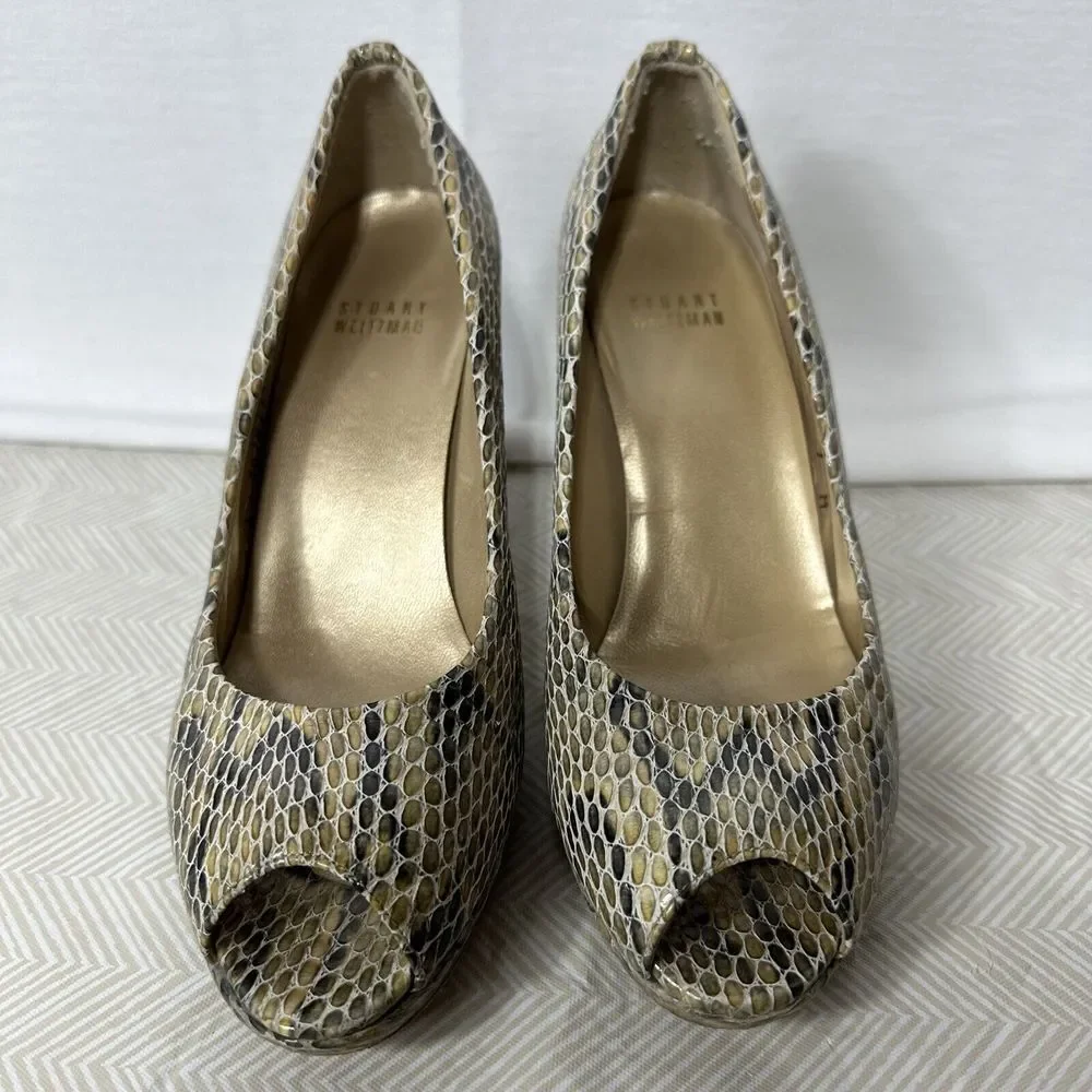 Stuart Weitzman Pumps Womens 7 Brown Snake Print Leather Peep Toe Platform Heels